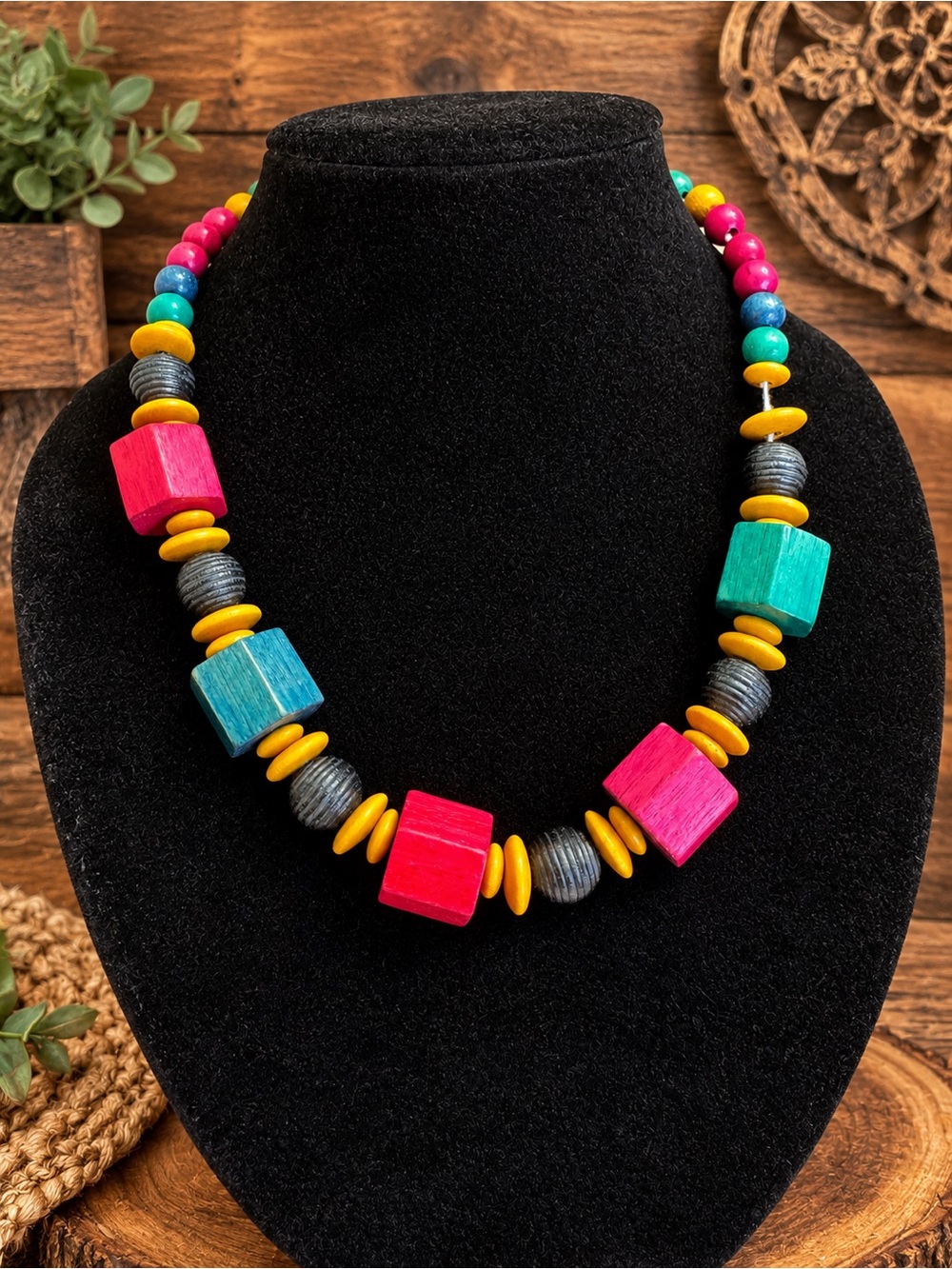 Handmade Colorful Wooden Cube Necklace - Multicolor